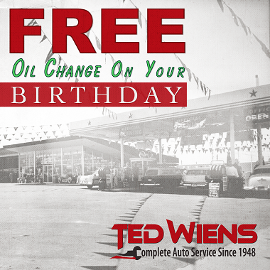 Advertisement promoting a free oil change on your birthday when you join the Ted Wiens Loyalty Card Program